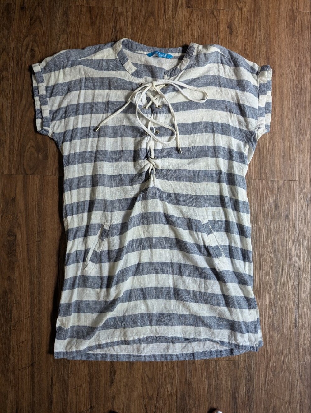 blue island Striped Lace-Up Short Sleeve Beach Cover Up Sz M